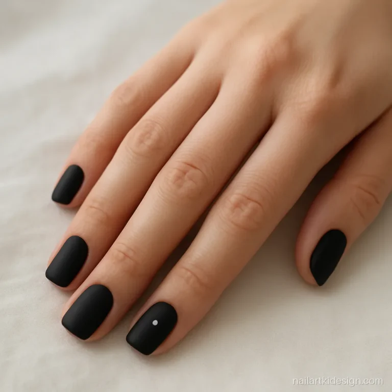 Matte black simple nail art with one silver stone on the thumb