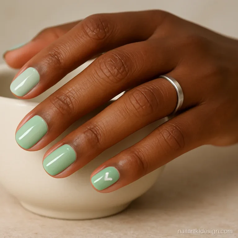 Mint green college nails with one tiny white heart on the ring finger