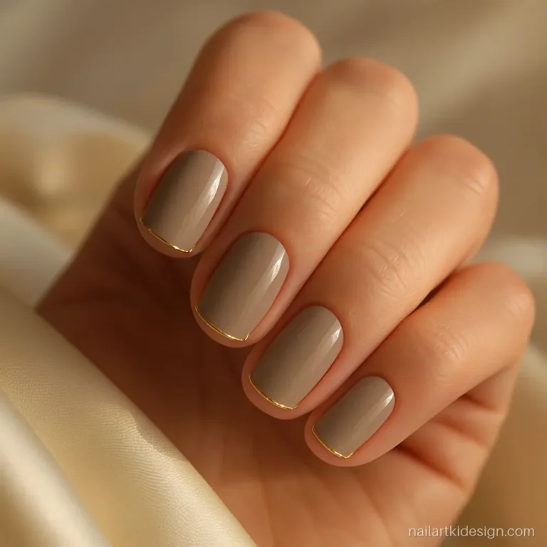 Greige nails with a fine gold line drawn along each tip