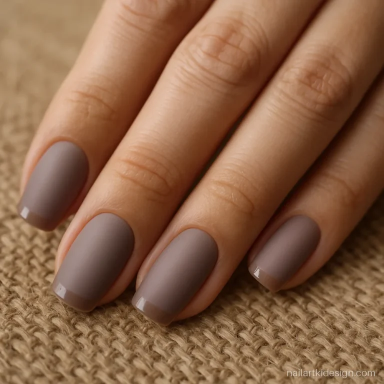 Matte taupe office nails with a glossy tip line on each nail