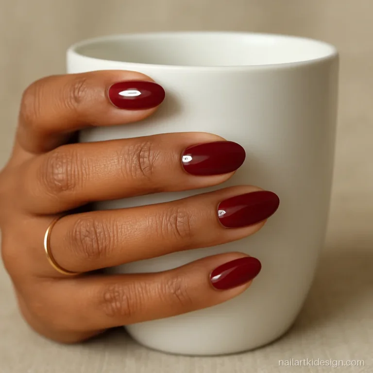 Wine red simple nails with one small clear stone on the ring finger