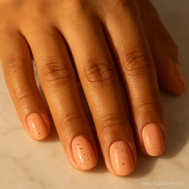 Peach nails with tiny black dots scattered on two accent nails