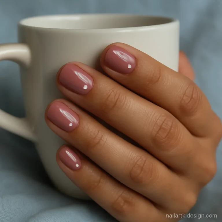 Dusty rose nails with a single white dot in the centre of each nail