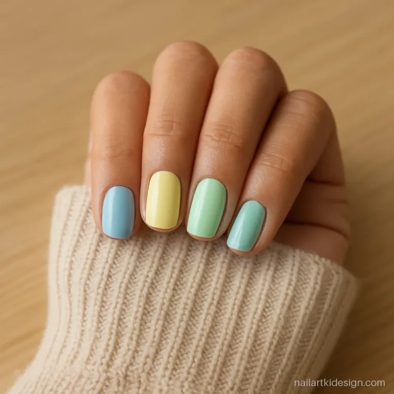 Pastel skittle nails with blue, yellow and mint on different fingers