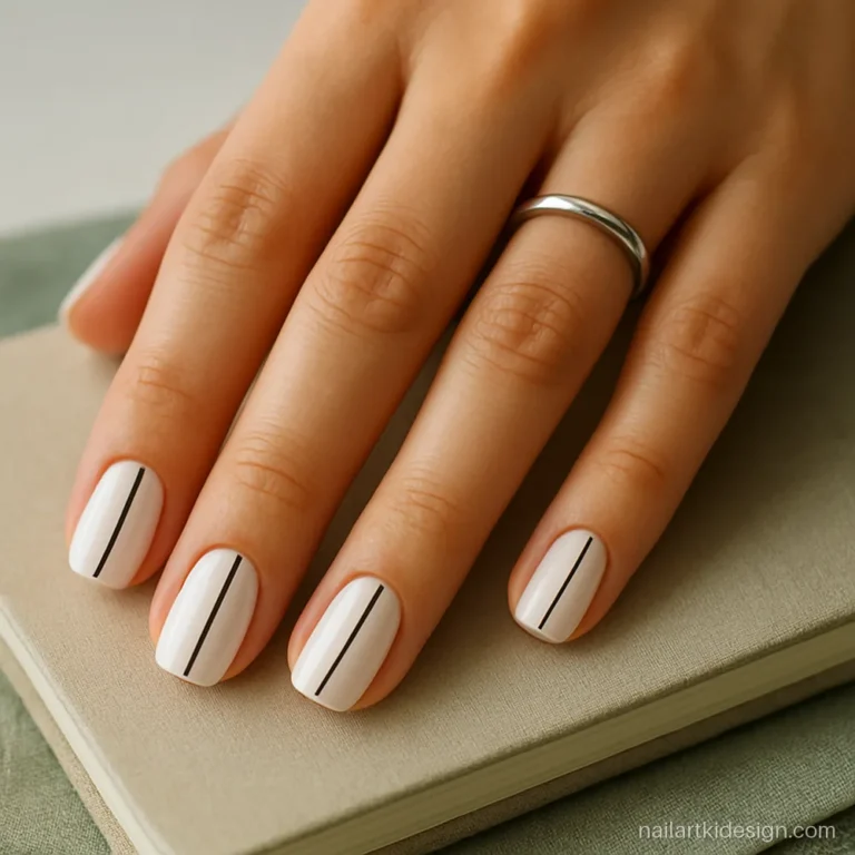 Simple black and white nail art with one thin vertical line on each nail