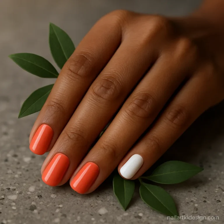 Coral nails with white thumb and ring finger in a simple two colour set
