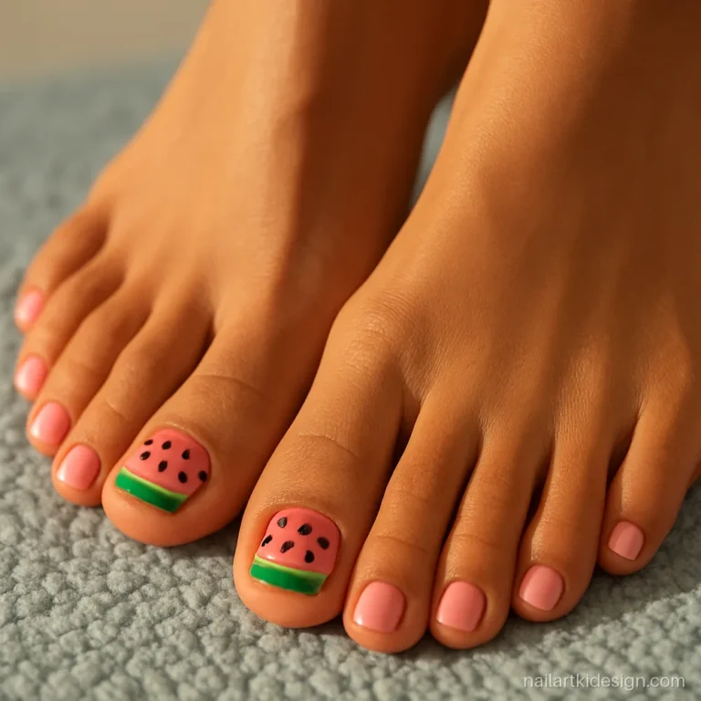 Summer toe nail art designs with a watermelon slice on big toes